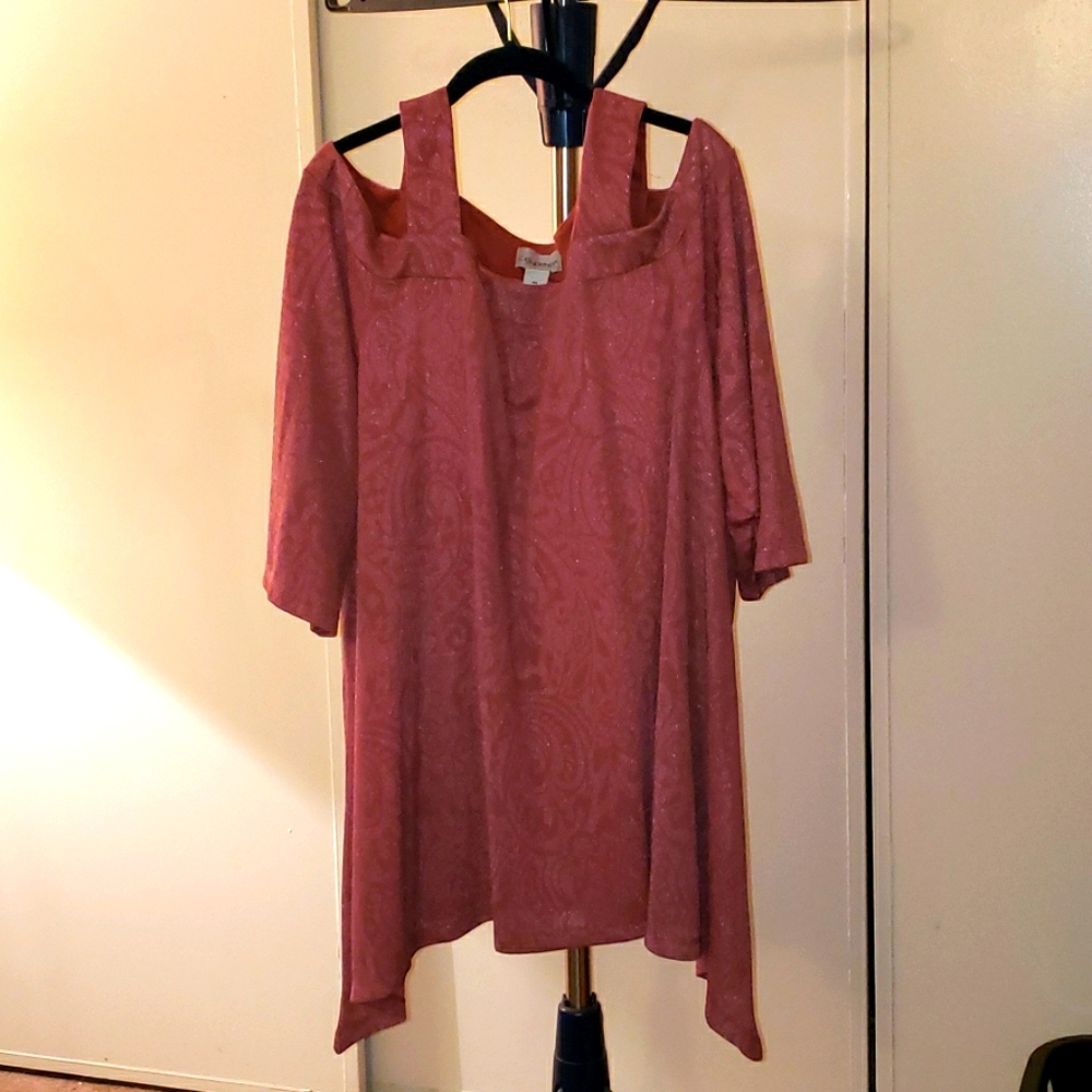 Shiny-ish cold shoulder short sleeved, top